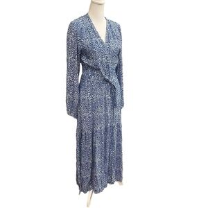 LemLem by Liya Kebede Maxi Wrap Dress Blue Floral Gold Metallic XS With Pockets